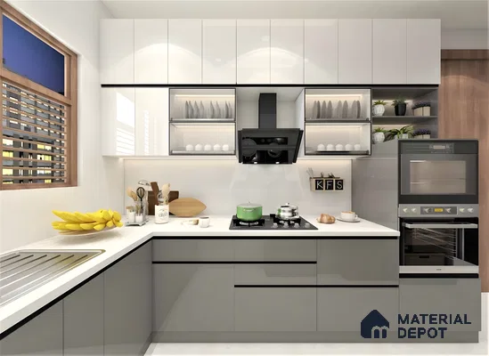 Stylish Grey And White L-Shaped Kitchen And Minimalist Design | Material Depot
