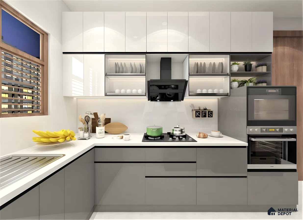 Stylish Grey And White L-Shaped Kitchen And Minimalist Design | Material Depot