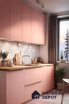 Stylish Kitchen Featuring Pink Laminate Cabinets And Wooden Elements | Material Depot