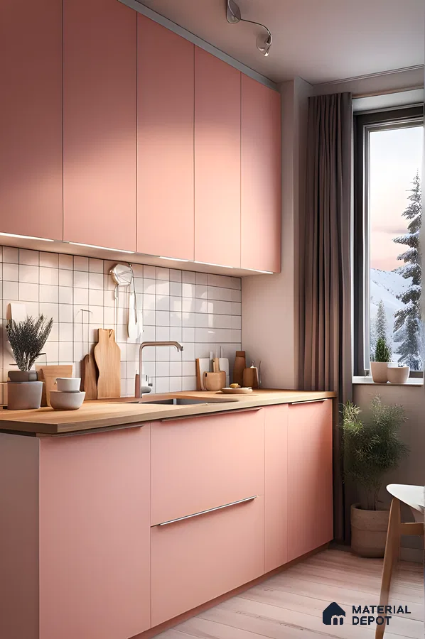 Stylish Kitchen Featuring Pink Laminate Cabinets And Wooden Elements | Material Depot