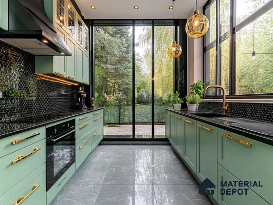 Stylish Kitchen with Mint Green Cabinets and Black Accents | Material Depot