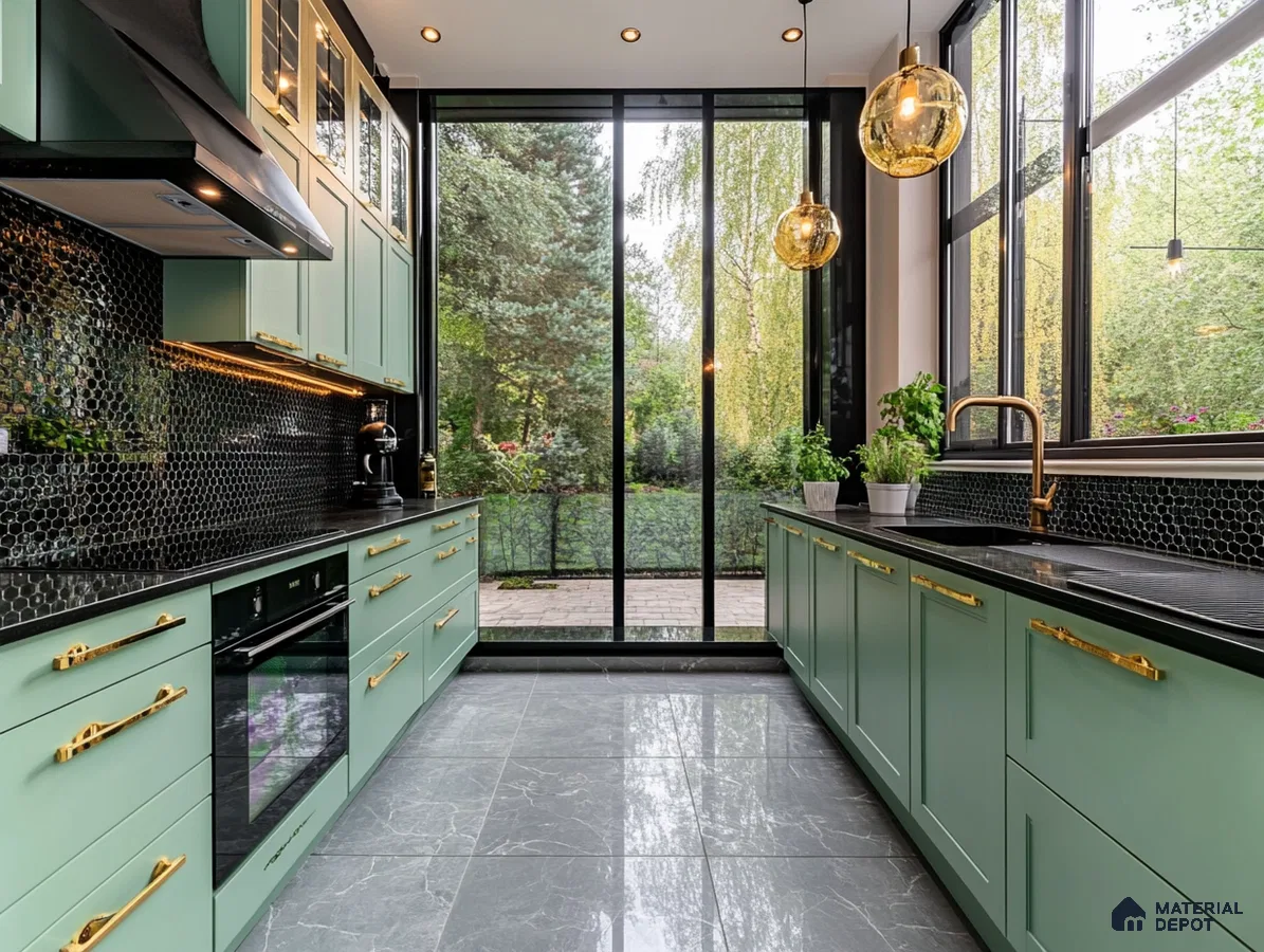 Stylish Kitchen with Mint Green Cabinets and Black Accents | Material Depot