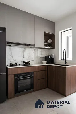 Stylish Kitchen With Open Shelving And Neutral Tones | Material Depot