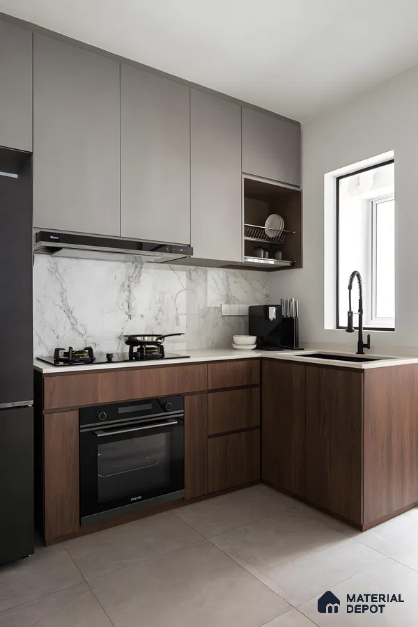 Stylish Kitchen With Open Shelving And Neutral Tones | Material Depot