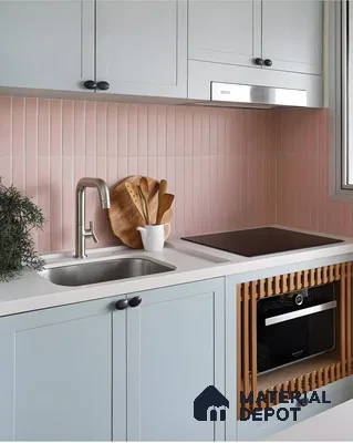 Stylish Kitchen with Pastel Green Cabinets and Pink Subway Tiles | Material Depot