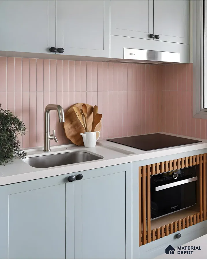 Stylish Kitchen with Pastel Green Cabinets and Pink Subway Tiles | Material Depot