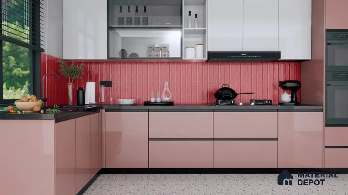 Stylish Kitchen with Red Subway Tiles and Glossy Pink Cabinets | Material Depot