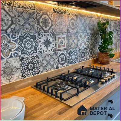 Stylish Kitchen with Vibrant Patterned Tile Backsplash | Material Depot