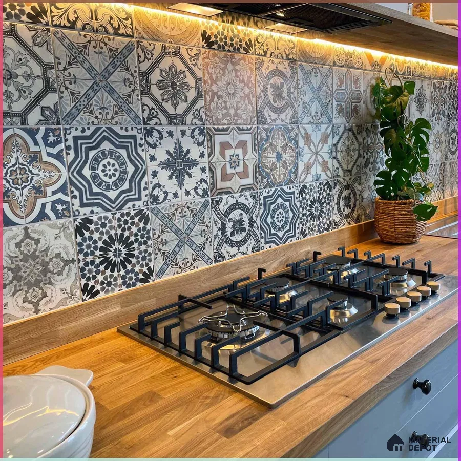 Stylish Kitchen with Vibrant Patterned Tile Backsplash | Material Depot