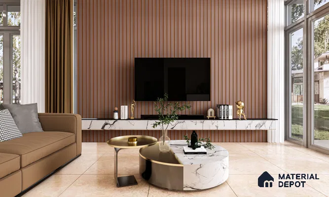Stylish Living Room with Brown Striped Fluted Panels and Marble TV Unit | Material Depot
