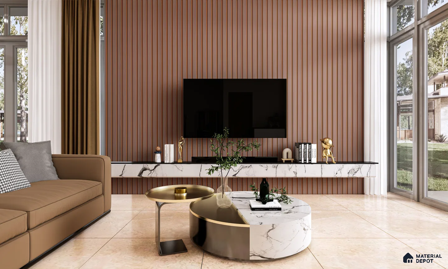 Stylish Living Room with Brown Striped Fluted Panels and Marble TV Unit | Material Depot