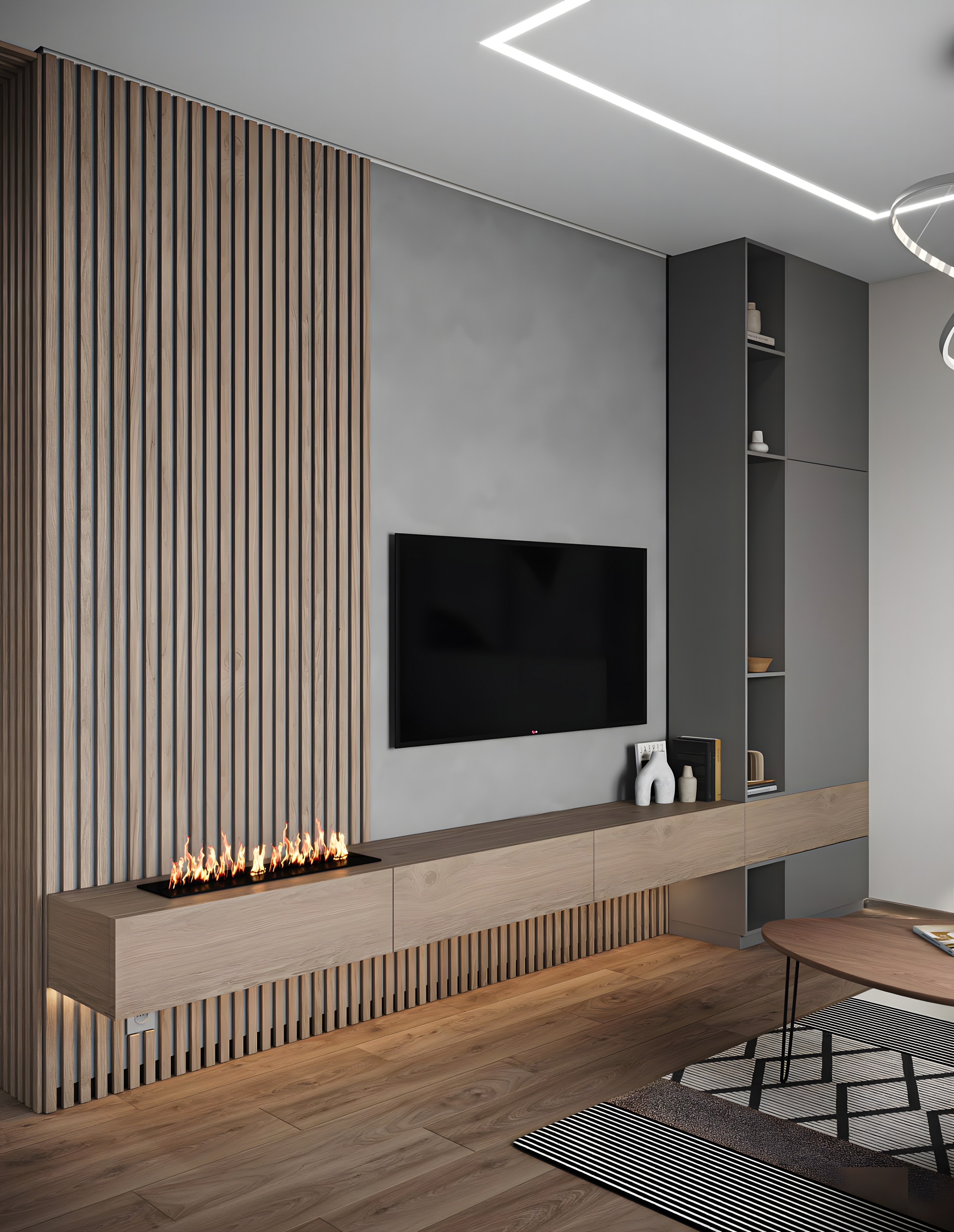 Stylish TV Unit with Wood-Paneled Accent Wall and Electric Fireplace | Material Depot