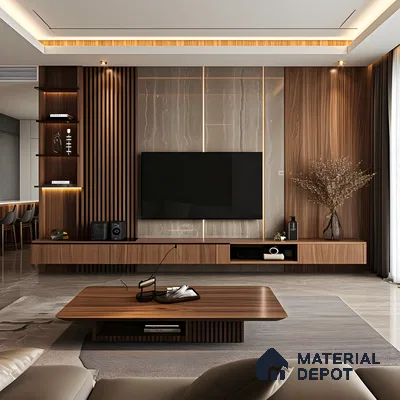 Stylish TV Unit with Wood-Paneled Accent Wall and Marble Accents | Material Depot
