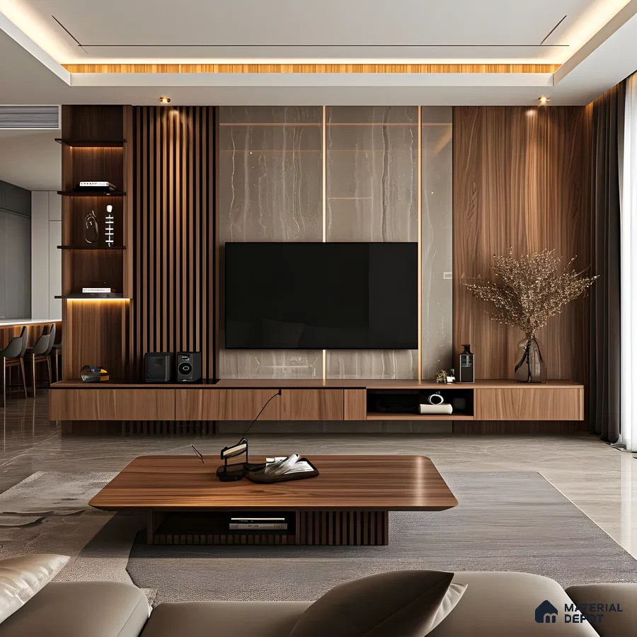 Stylish TV Unit with Wood-Paneled Accent Wall and Marble Accents | Material Depot