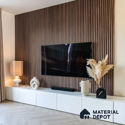 Stylish TV Unit with Wood-Paneled Accent Wall and Neutral Decor | Material Depot