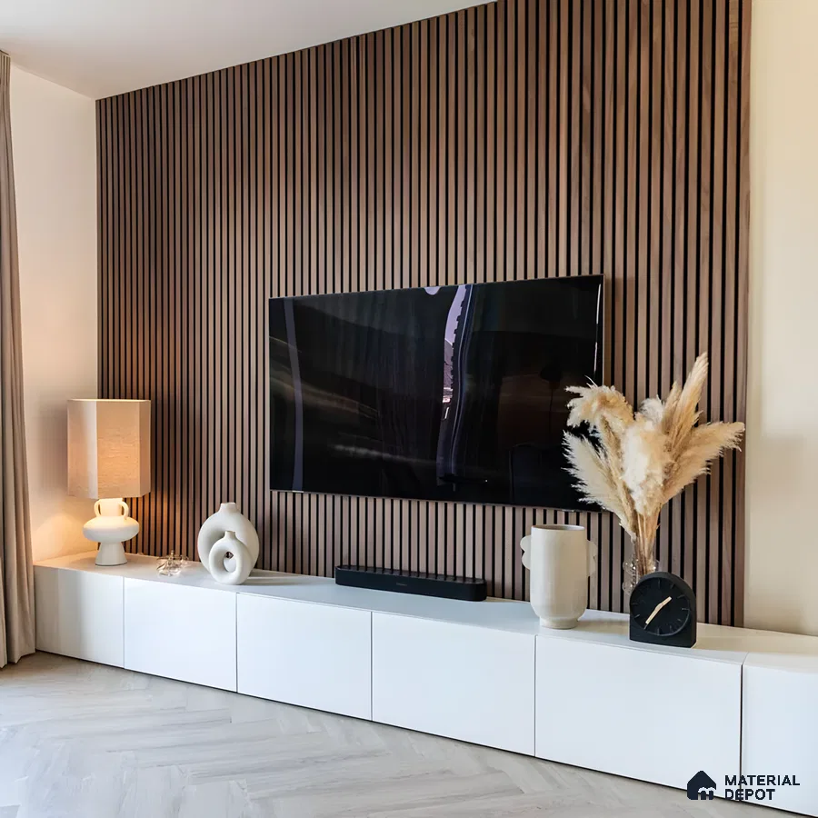 Stylish TV Unit with Wood-Paneled Accent Wall and Neutral Decor | Material Depot