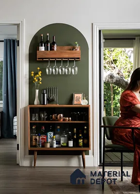 Stylish Mid-Century Modern Home Bar with Green Accent Wall | Material Depot