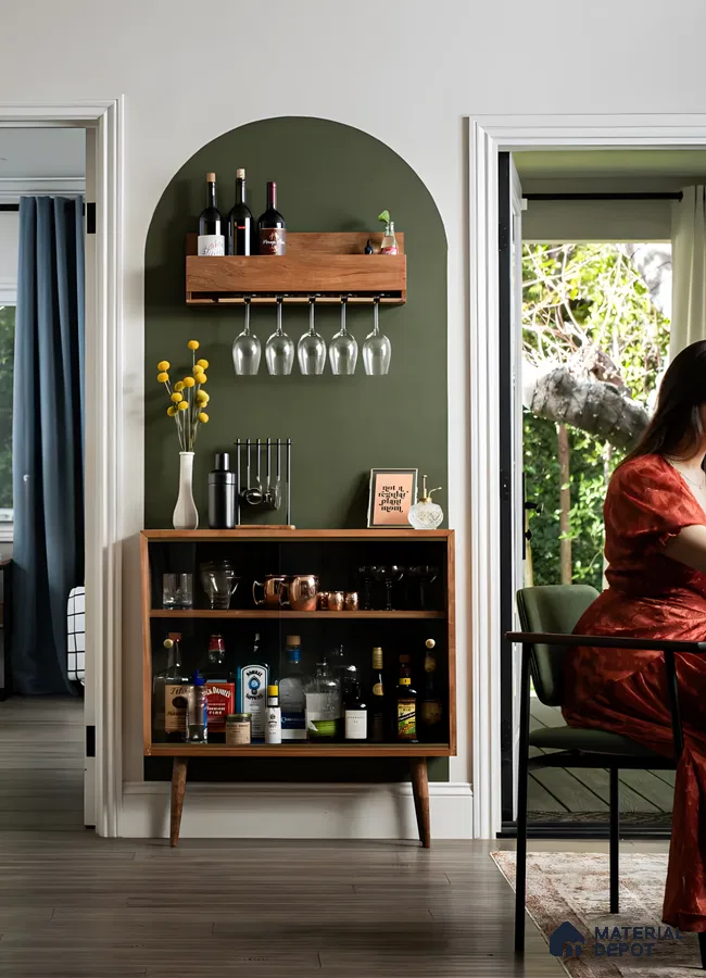 Stylish Mid-Century Modern Home Bar with Green Accent Wall | Material Depot