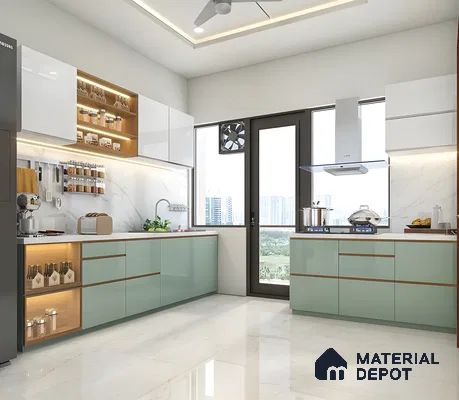 Stylish Mint Green And White L-Shaped Kitchen Design | Material Depot