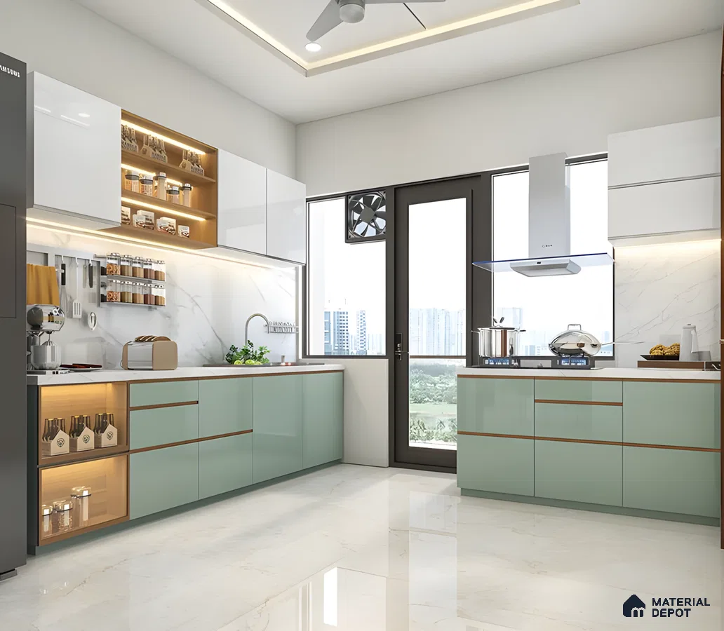 Stylish Mint Green And White L-Shaped Kitchen Design | Material Depot