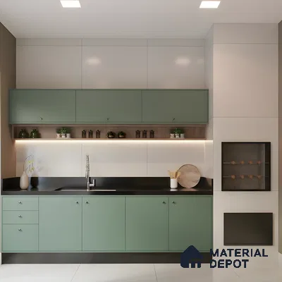 Stylish Mint Green Kitchen With Black Countertops And Wood Shelf | Material Depot