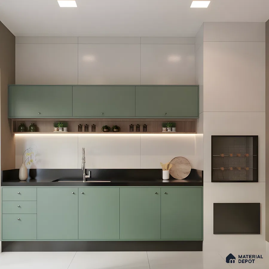 Stylish Mint Green Kitchen With Black Countertops And Wood Shelf | Material Depot