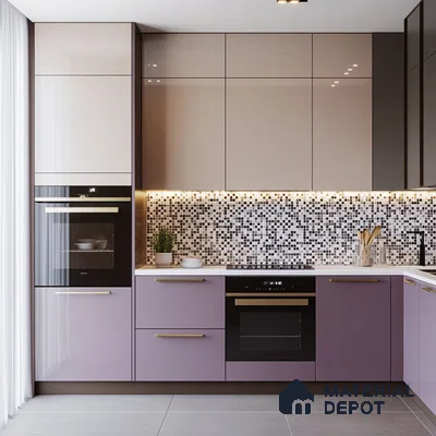 Stylish Modern Kitchen in Lavender and White with Mosaic Tile Backsplash | Material Depot