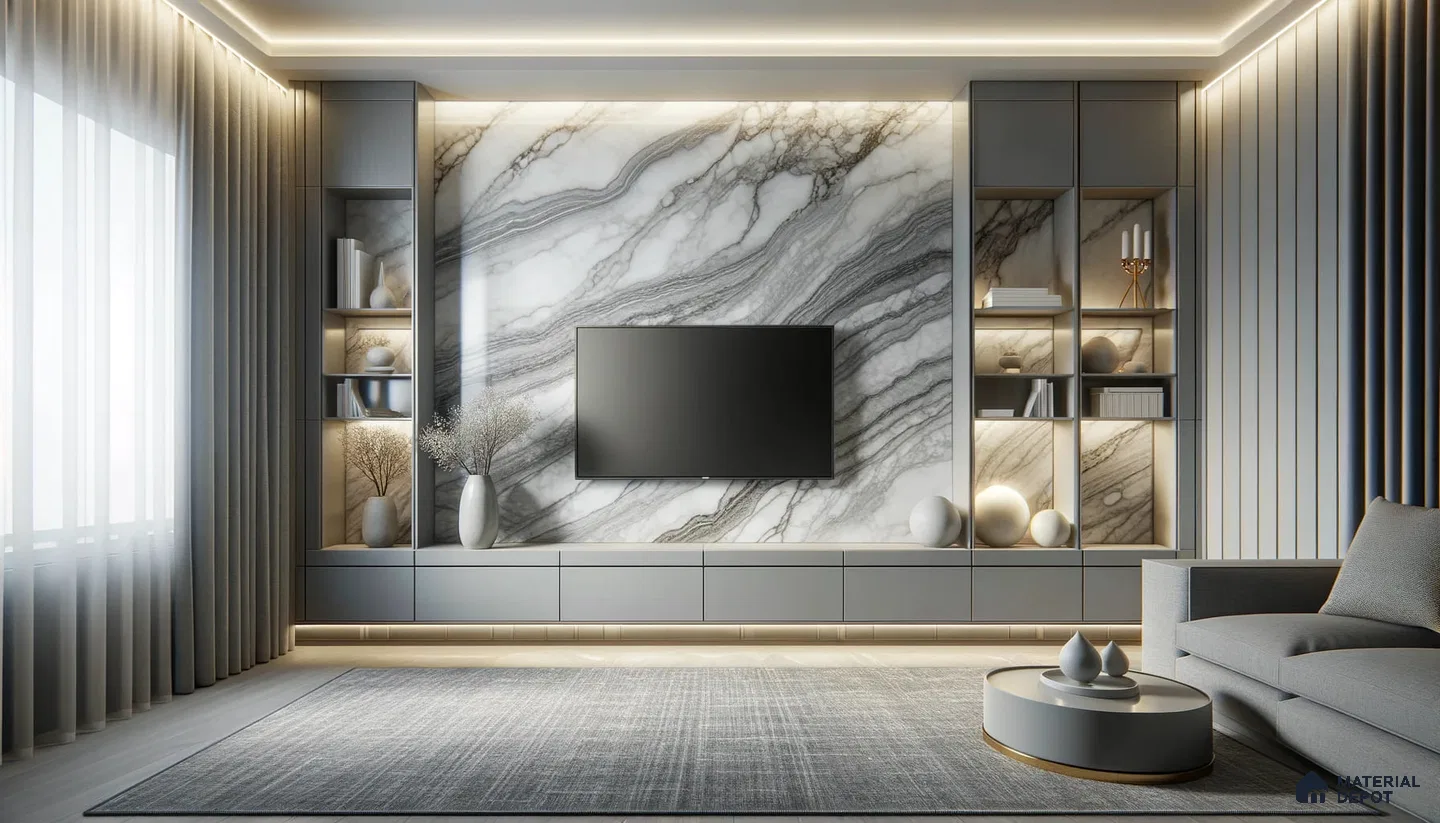 Stylish Monochrome Lounge with Marble Highlight and Textured Detailing | Material Depot