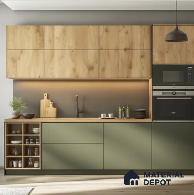 Stylish Oak Wooden Laminate and Olive Green Kitchen with Modern Design | Material Depot