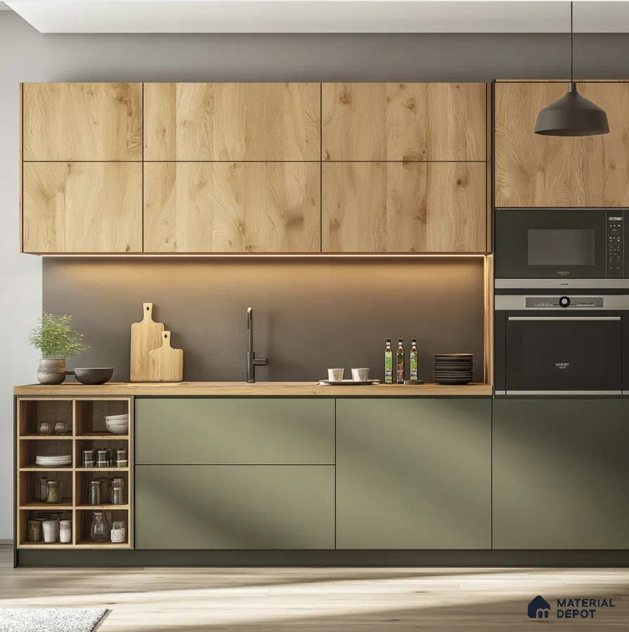 Stylish Oak Wooden Laminate and Olive Green Kitchen with Modern Design | Material Depot