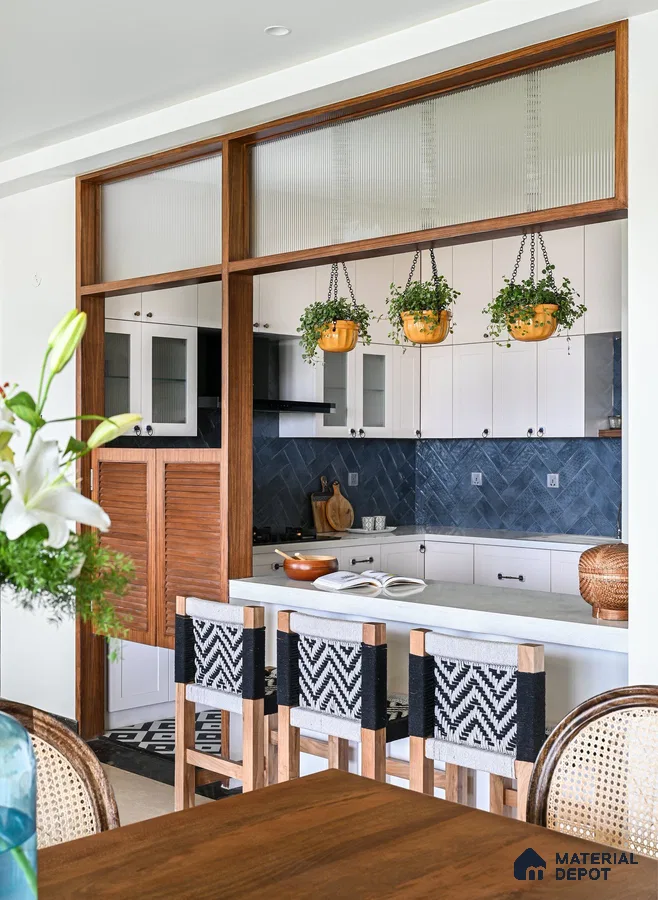 Stylish Open Kitchen Design Featuring White Cabinets, Modern Blue Backsplash, and Chic Wood Accents | Material Depot