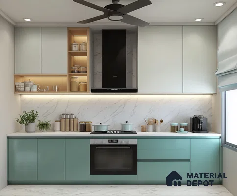 Stylish Teal Kitchen with Marble Highlights and Natural Wood Accents | Material Depot