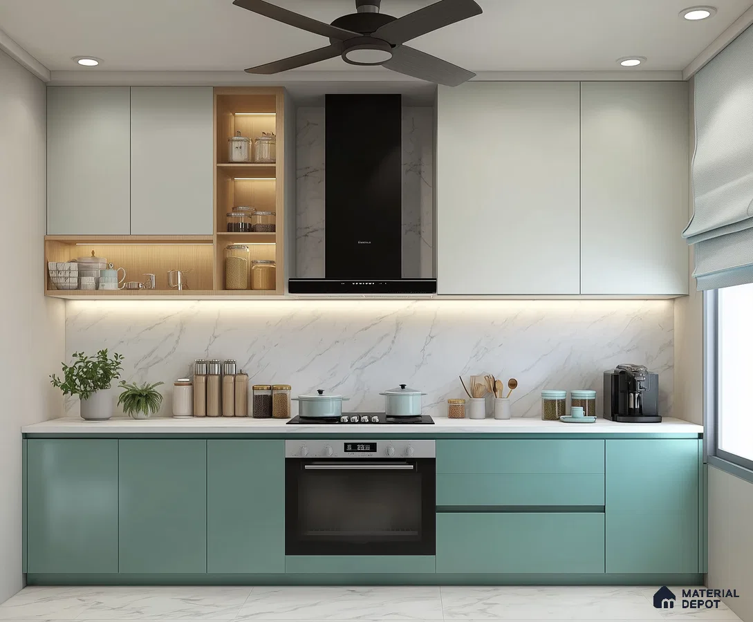 Stylish Teal Kitchen with Marble Highlights and Natural Wood Accents | Material Depot