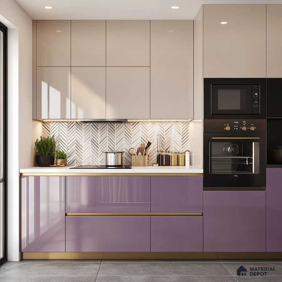 Stylish Two-Toned Kitchen with Herringbone Tile Backsplash and Gold Accents | Material Depot
