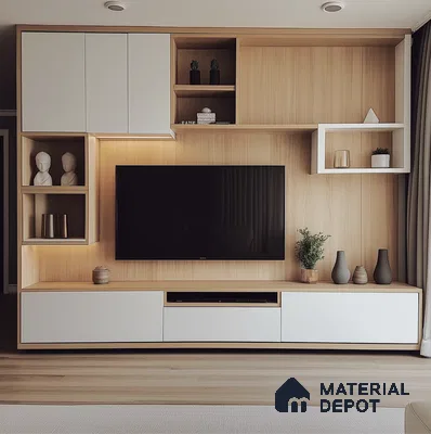 Stylish Wooden Laminate TV Unit with White Accents for Modern Living Room | Material Depot