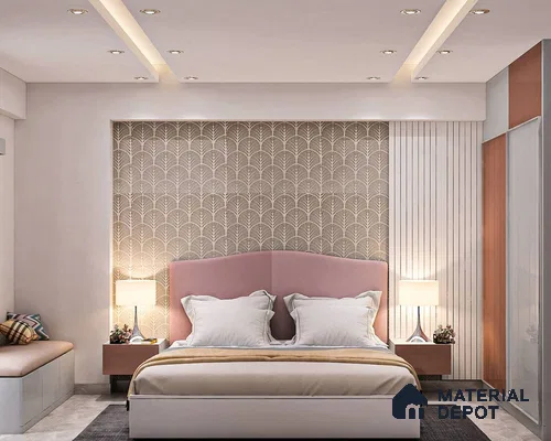 Stylish bedroom with a pink and white theme, a geometric wall, a wooden panel, a mirror, a shelf, and a seating area