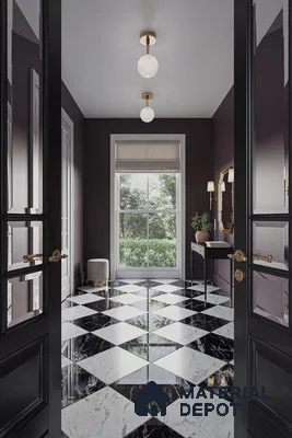 Entry room with white and black tiles
