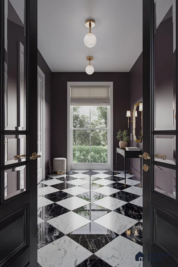 Entry room with white and black tiles
