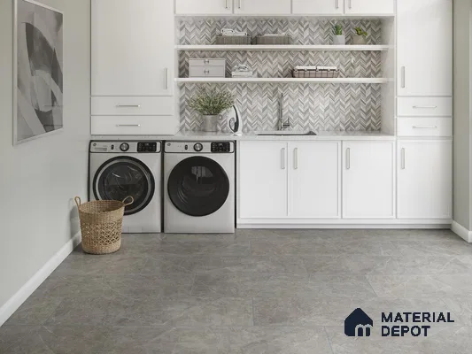 Laundry room with patterned tiles and marble floor
