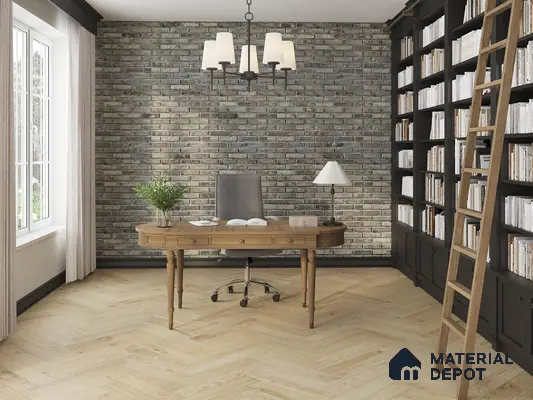Study room with stone tiles and wooden floor
