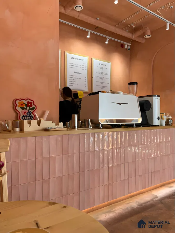 Subtle Charm: Pastel Pink Café Wall Design | Material Depot