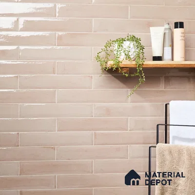Subtle Elegance Creamy Pink Kitchen Tiles with Wooden Rack | Material Depot