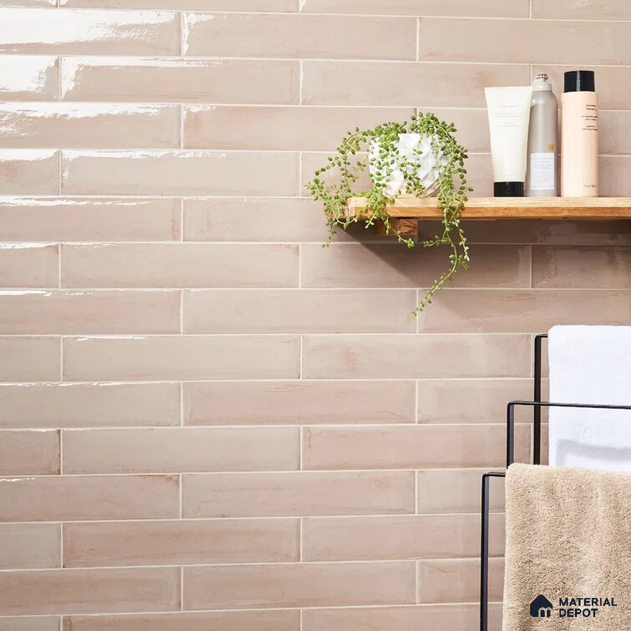 Subtle Elegance Creamy Pink Kitchen Tiles with Wooden Rack | Material Depot