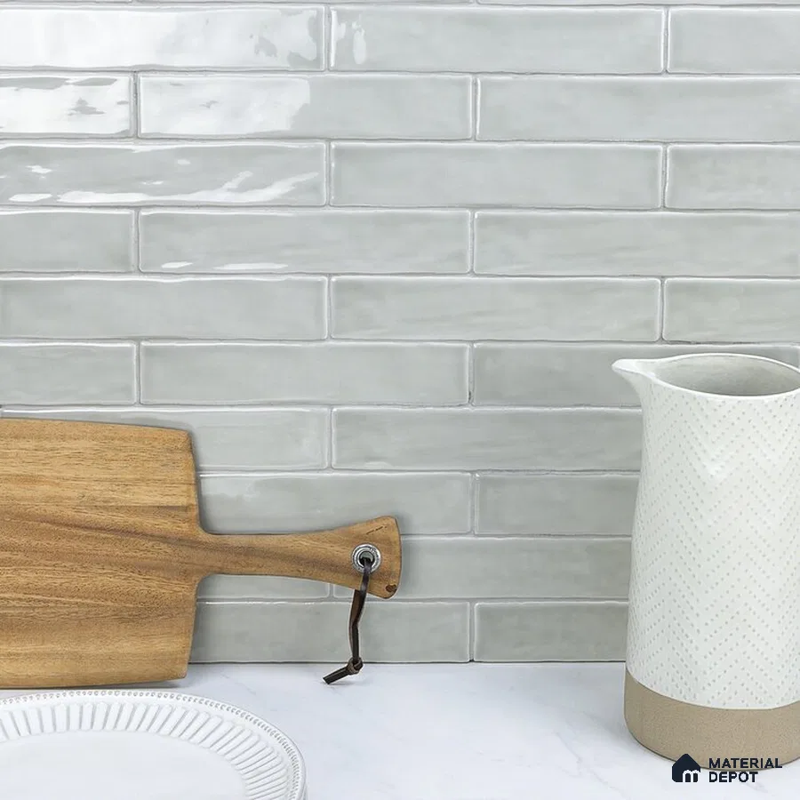 Subtle Harmony Uneven Light-Textured Tiles with Ivory Countertop | Material Depot