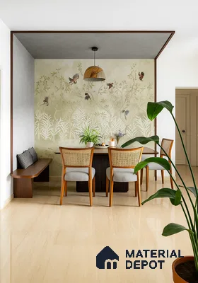 Subtle Luxury Dining Space with Pastel Nature Wallpaper & Rattan Chairs | Material Depot