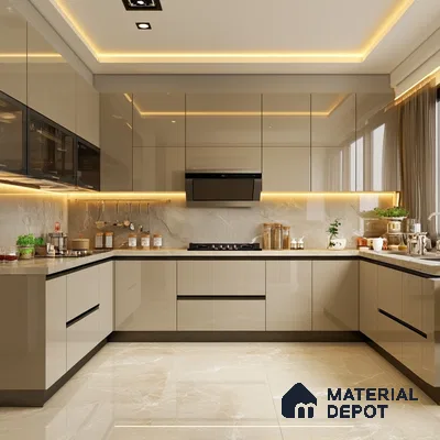 Subtle Luxury: Elegant Cream Kitchen with Sophisticated Lighting and Refined Textures | Material Depot