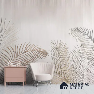 A close-up of a Tropical Leaves in Subtle Background Wallpaper Design Indrani Series Soft Feel Tropical Design (Customised Size Wallpaper )available at Material Depot in Bangalore