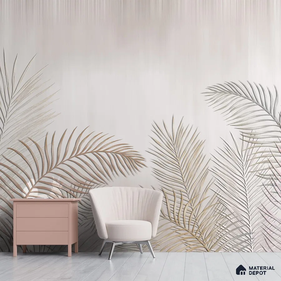 A close-up of a Tropical Leaves in Subtle Background Wallpaper Design Indrani Series Soft Feel Tropical Design (Customised Size Wallpaper )available at Material Depot in Bangalore