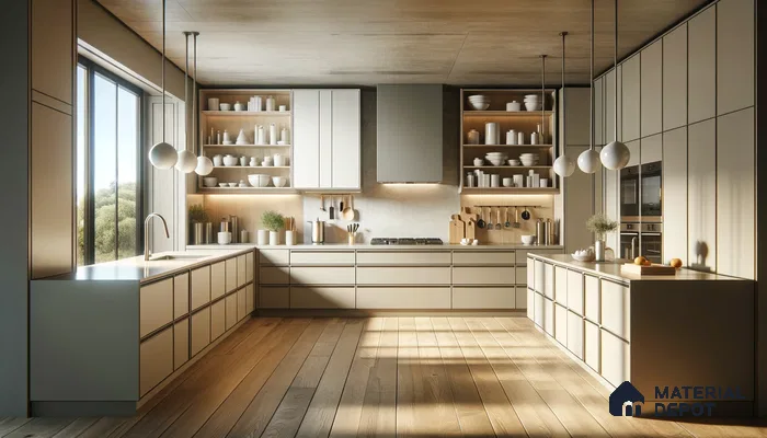 Sun-Drenched Modern Kitchen with Neutral Palette and Open Shelving | Material Depot