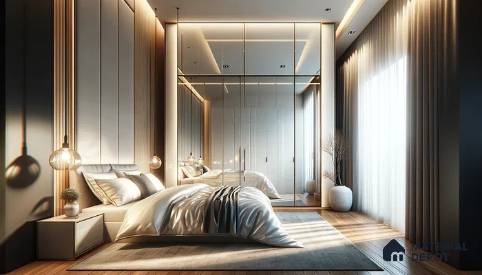 Sun-Kissed Modern Bedroom with Reflective Surfaces and Chic Lighting | Material Depot